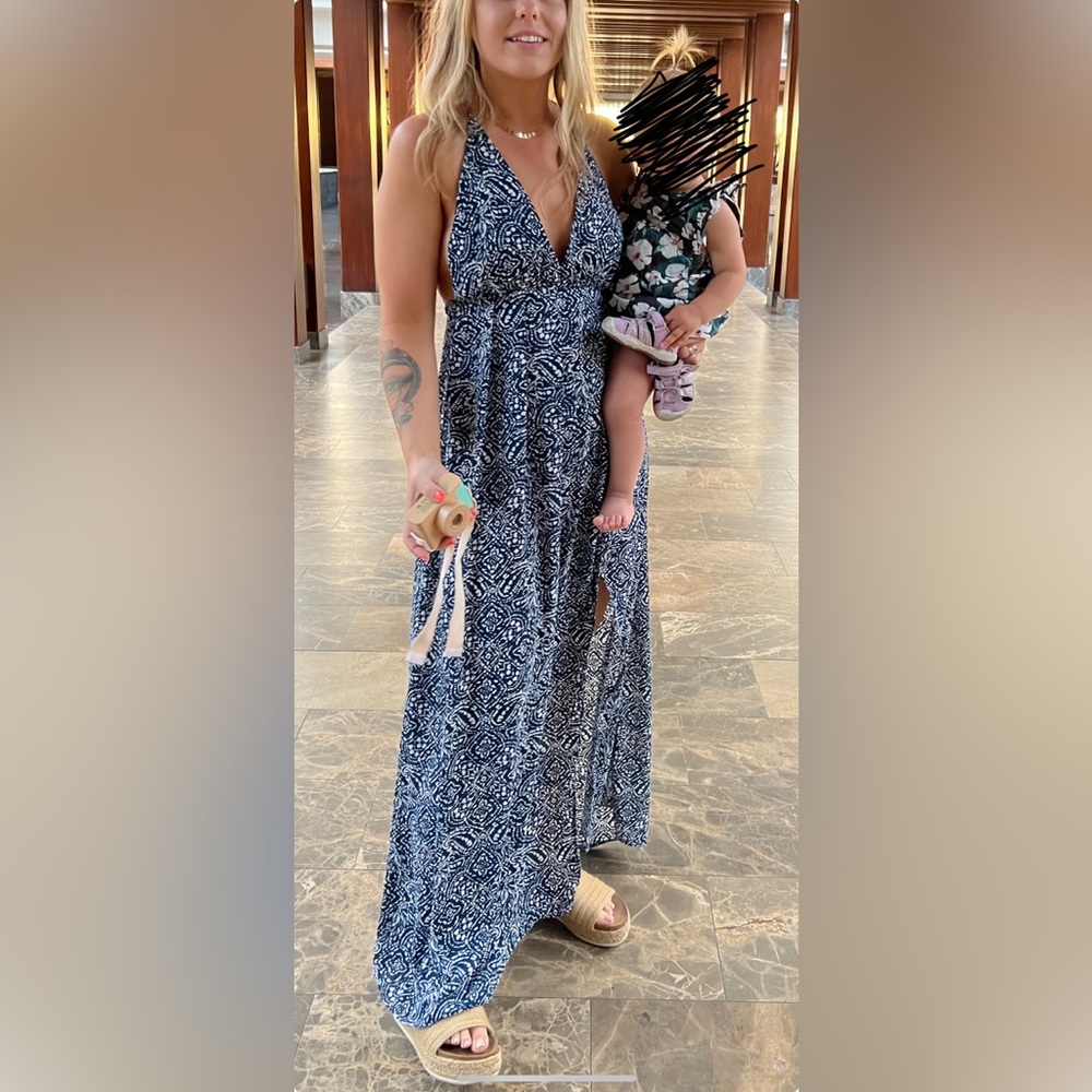Navy and White Patterned Maxi Dress